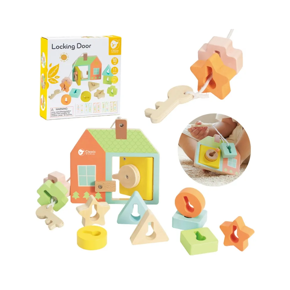 CLASSIC WORLD Drewniana Przeplatanka Klocki do Nawlekania Klucze i Drzwi MONTESSORI 11 el.