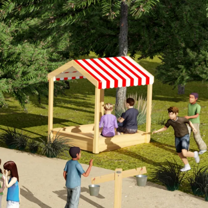 Drewniana zabawka do ogrodu z daszkiem