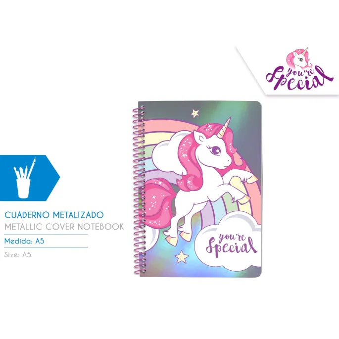 Kołonotatnik A5 z metaliczną okładką i motywem jednorożca
