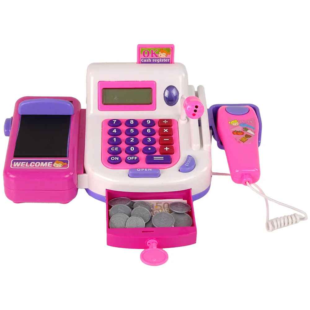 Dziecięca kasa sklepowa z koszykami i wózkiem na zakupy