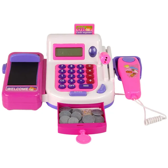 Dziecięca kasa sklepowa z koszykami i wózkiem na zakupy