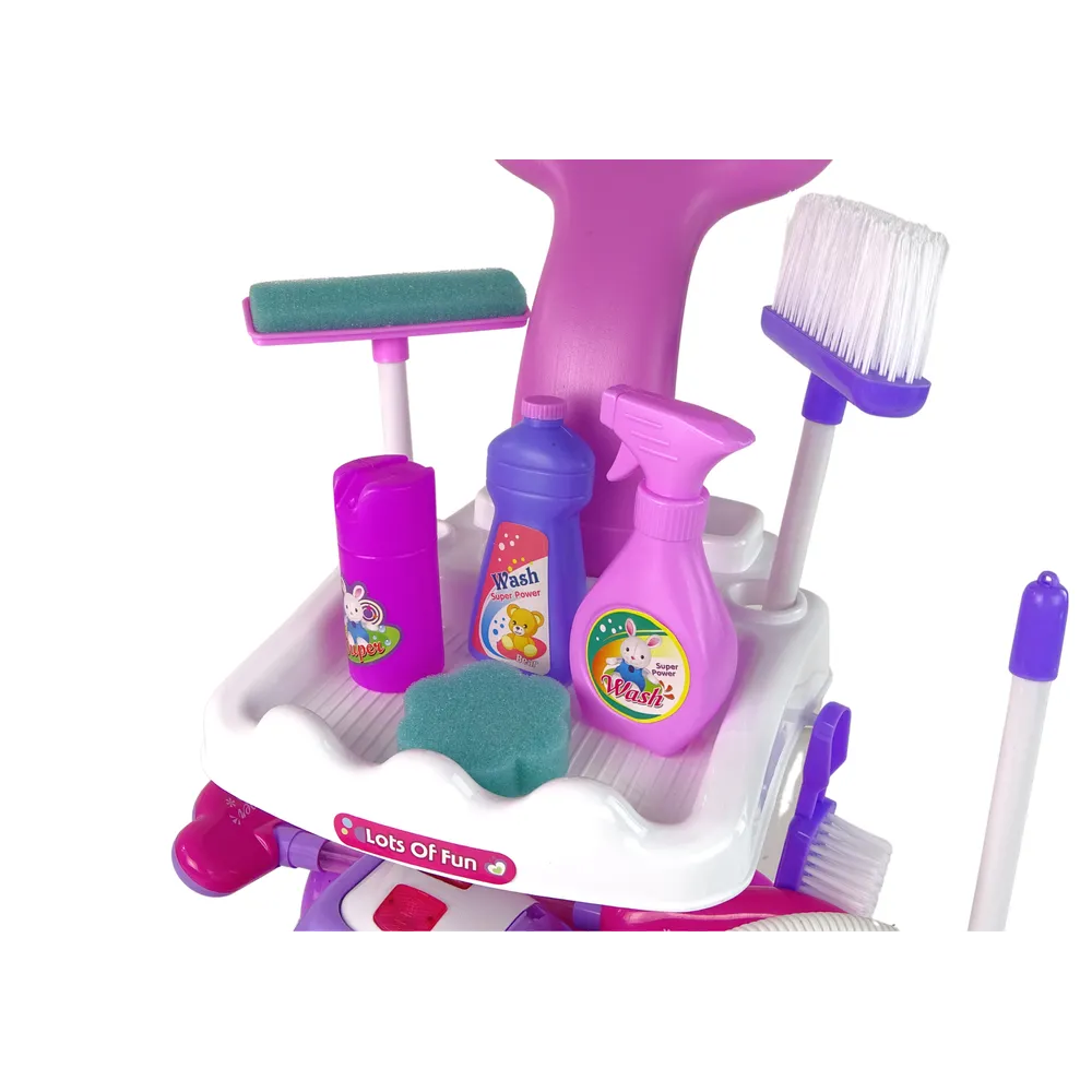 Kolorowy wózek dla dzieci z pełnym zestawem do sprzątania