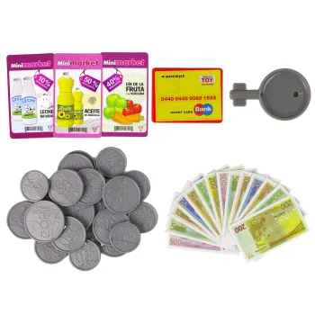 Kolorowa kasa fiskalna zabawkowa z monetami, banknotami i kartami