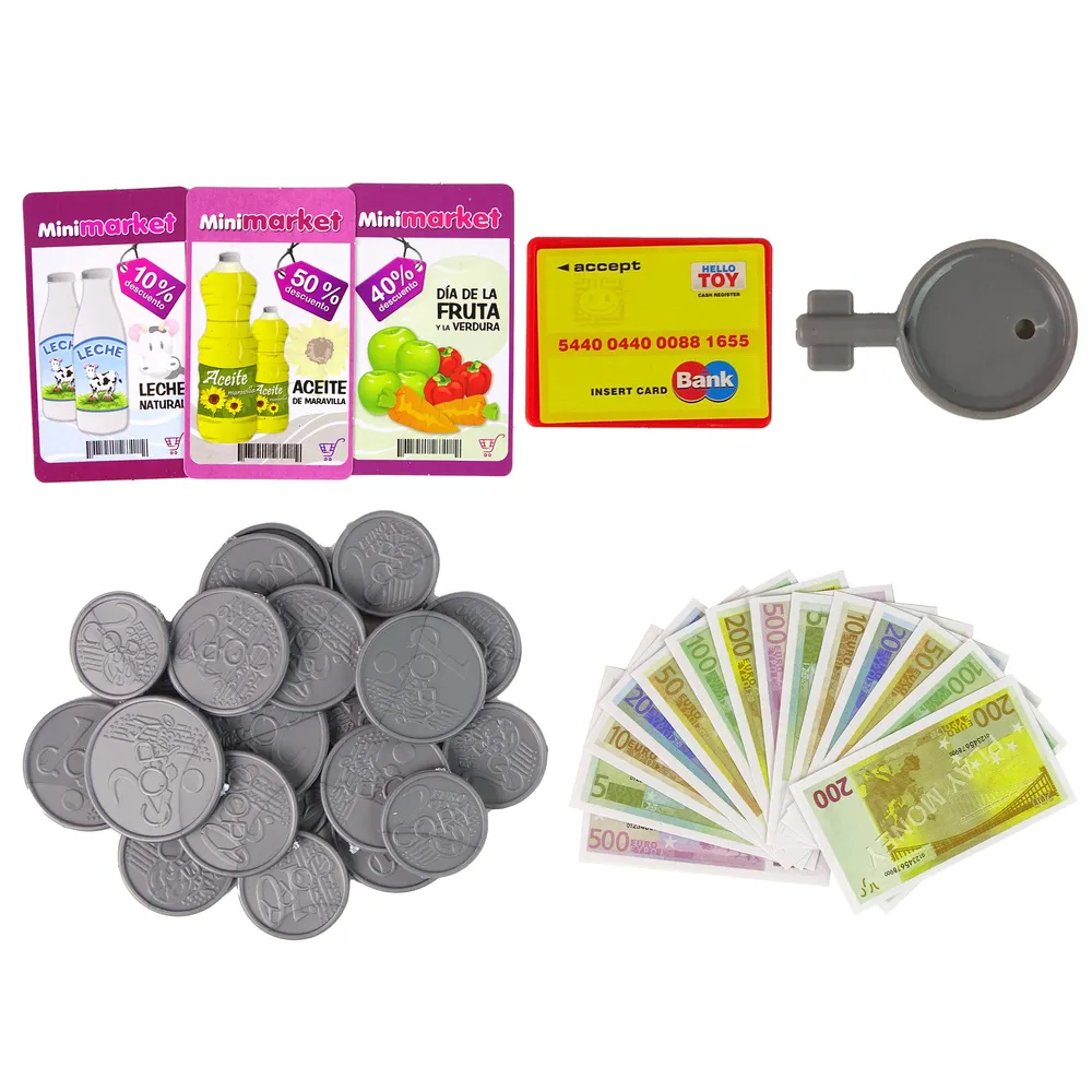 Kolorowa kasa fiskalna zabawkowa z monetami, banknotami i kartami