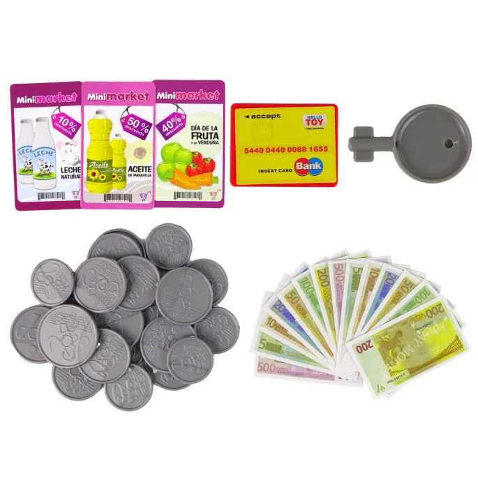 Kolorowa kasa fiskalna zabawkowa z monetami, banknotami i kartami