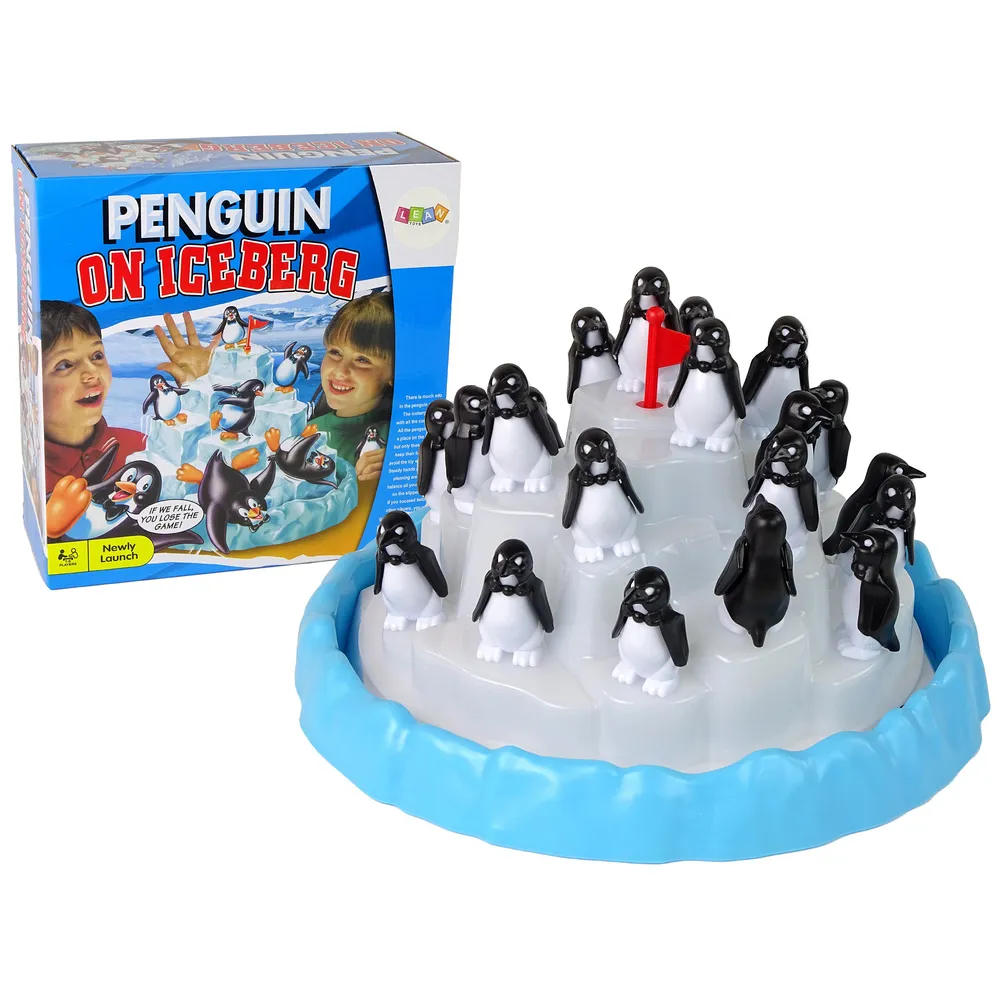 Kolorowa gra z pingwinami wspinającymi się na lodową górę