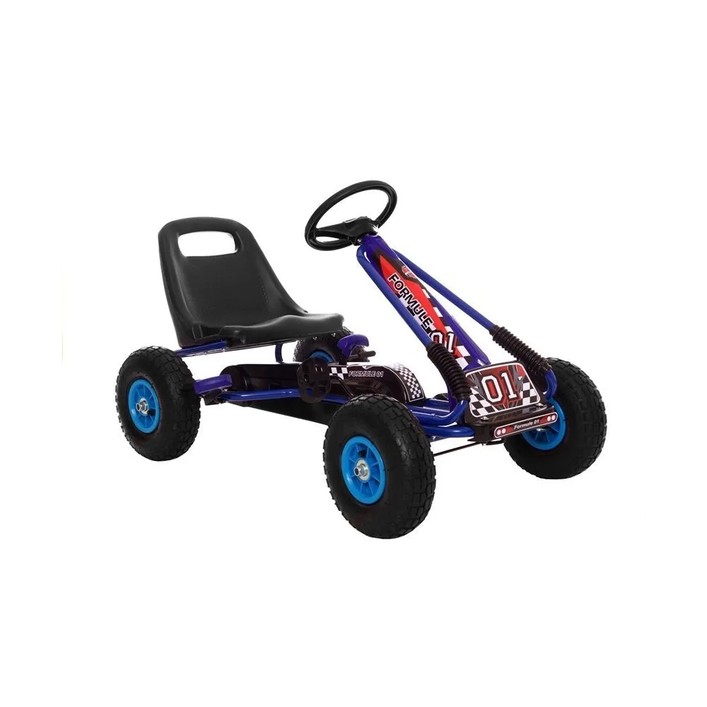niebieski gokart dziecięcy z pompowanymi kołami z profilu