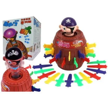 Gra Ukłuj Pirata z beczką i 24 kolorowymi sztyletami na stole