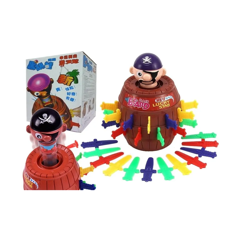 Gra Ukłuj Pirata z beczką i 24 kolorowymi sztyletami na stole