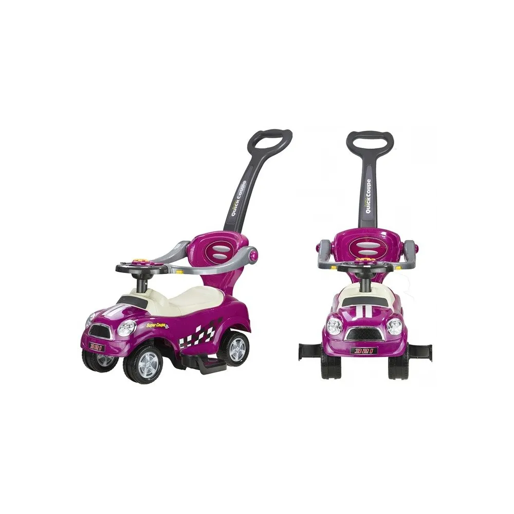 Fioletowy jeździk pchacz z prowadnicą dla dzieci w kształcie coupe
