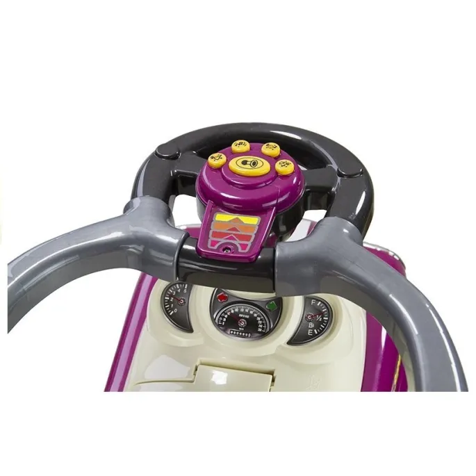 Fioletowy samochodzik na czterech kołach z funkcją pchacza i barierkami