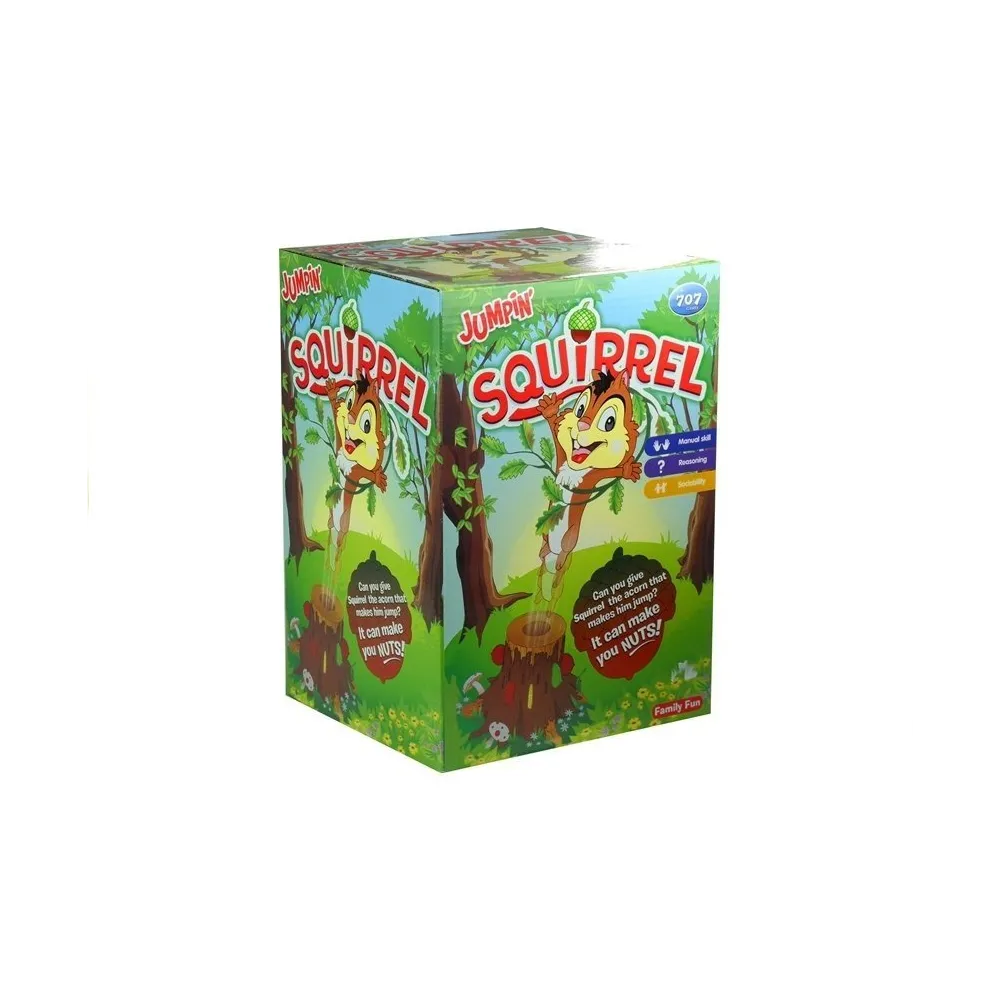 Opakowanie gry Wyskakująca Wiewiórka pokazujące elementy zestawu