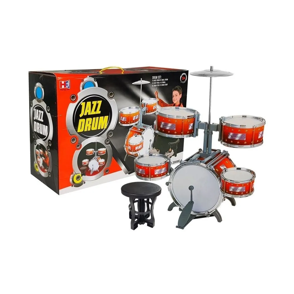 Duża perkusja dziecięca z pięcioma bębnami i talerzem – widok z przodu