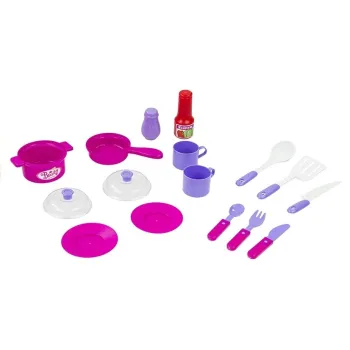 Zabawkowa kuchnia z półkami, zlewem i kompletem naczyń dla dzieci