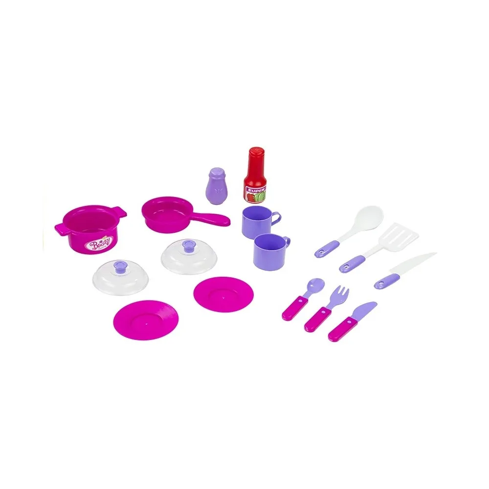 Zabawkowa kuchnia z półkami, zlewem i kompletem naczyń dla dzieci