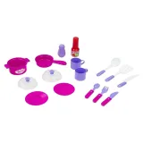 Zabawkowa kuchnia z półkami, zlewem i kompletem naczyń dla dzieci