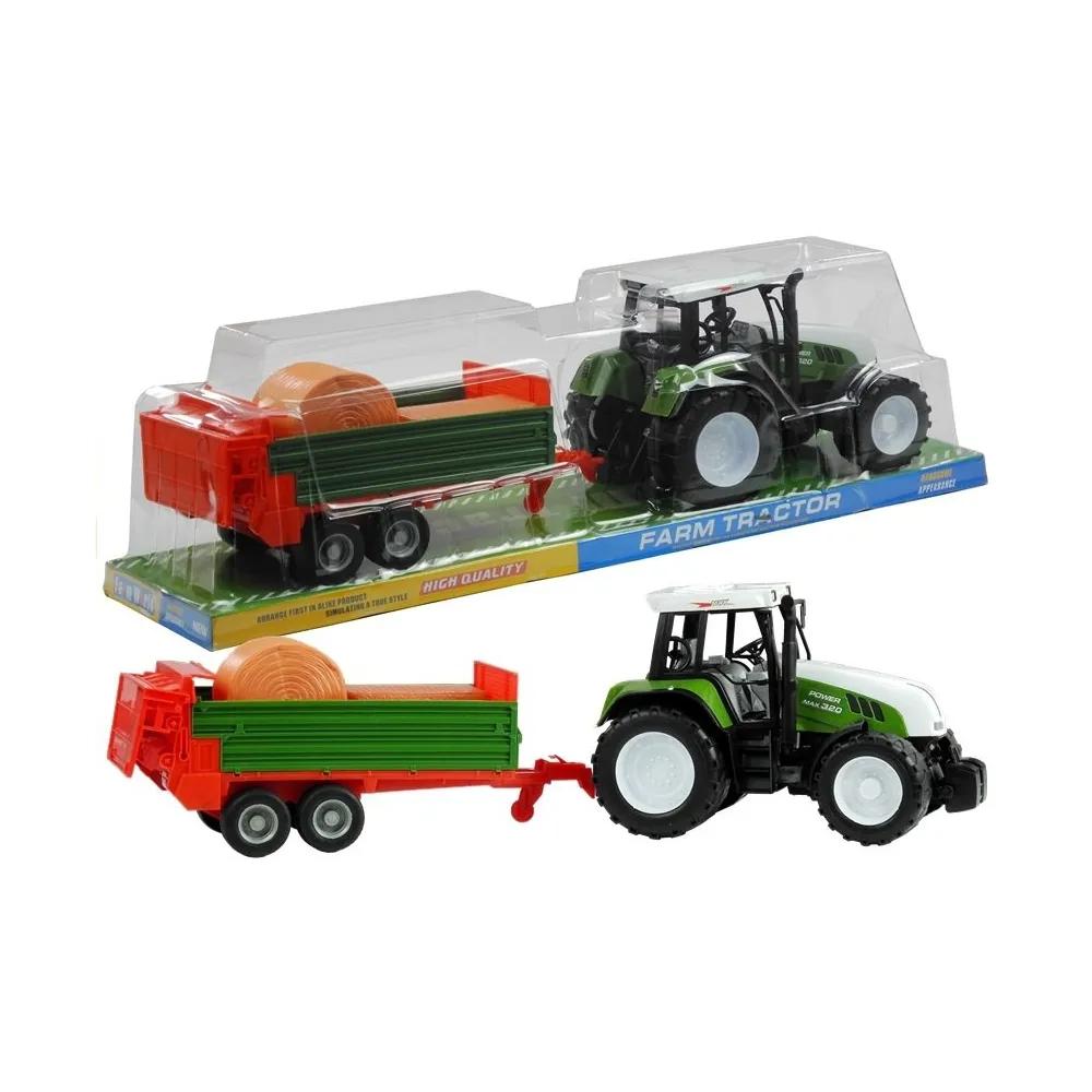 Duży traktor z przyczepą dla dzieci w kolorze zielonym na tle białym