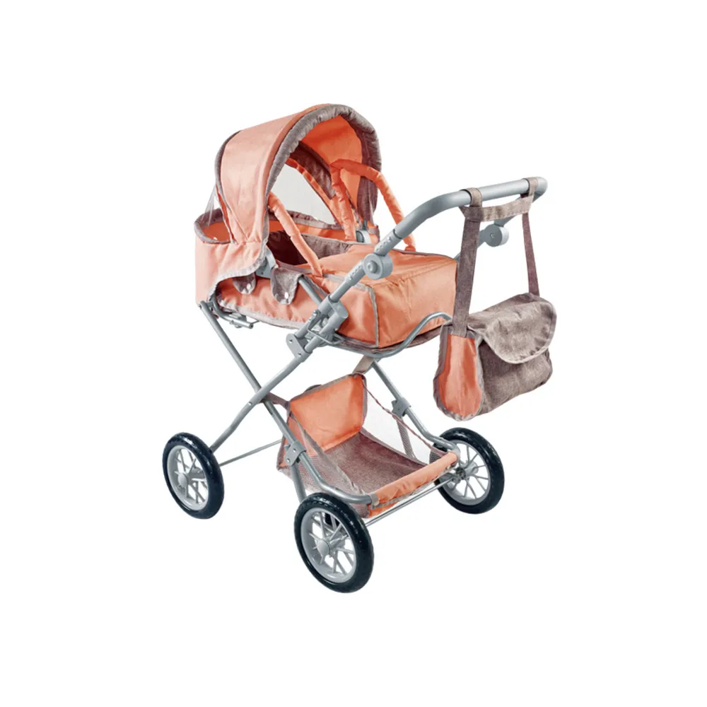 Różowy wózek dla lalek ozdobiony motywem kwiatków