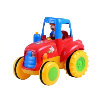 Kolorowy traktor z przyczepą i realistyczne efekty dźwiękowe