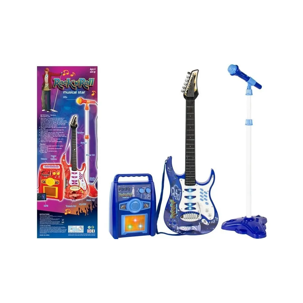 Niebieska gitara elektryczna dla dzieci z mikrofonem i wzmacniaczem