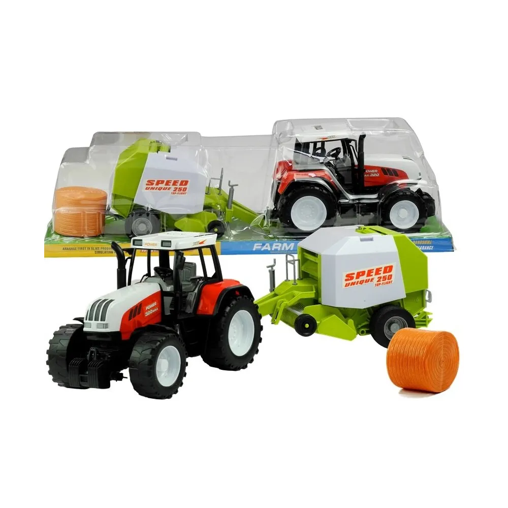 Duży traktor z maszyną rolniczą dla dzieci, widok z boku