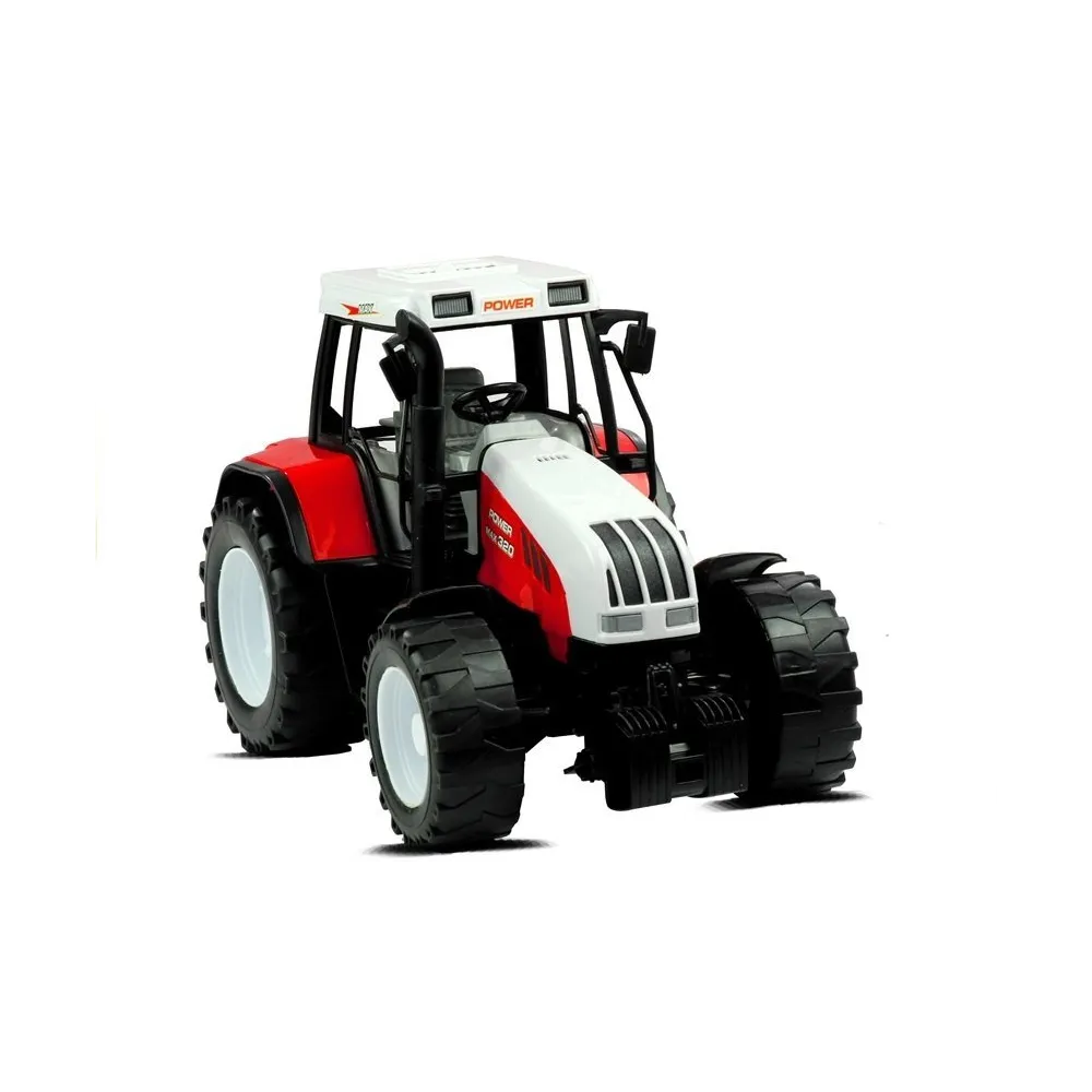 Czerwony traktor zabawkowy z ruchomymi elementami i przyczepą