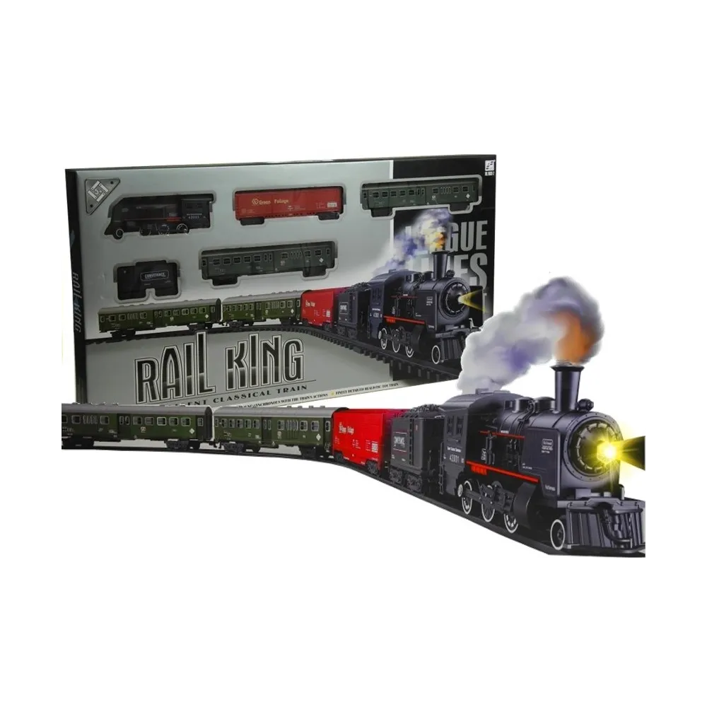 Duża kolejka elektryczna z dymem i światłem na torach