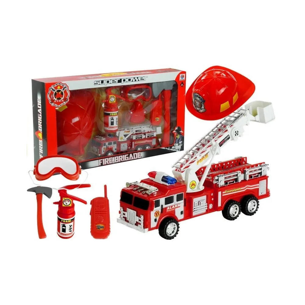 Zestaw strażaka z wozem strażackim, kaskiem i gaśnicą dla dzieci