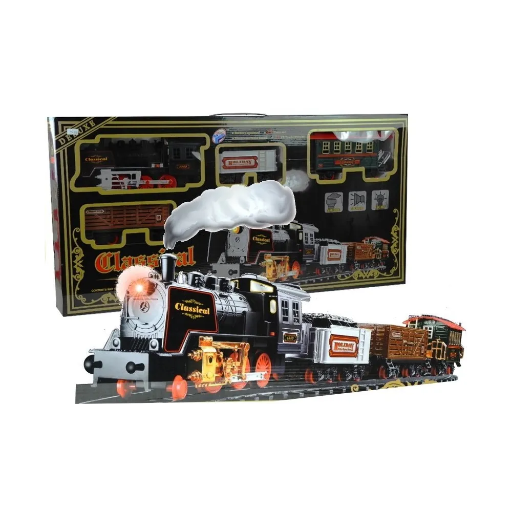 Duża kolejka elektryczna na długich torach z wagonami i stacją