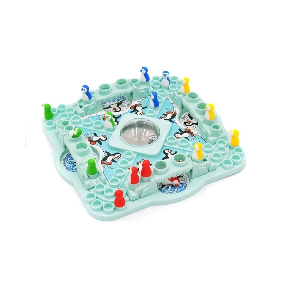 Barwne pingwiny i plansza z mostami zwodzonymi do gry Chińczyk Pingwiny