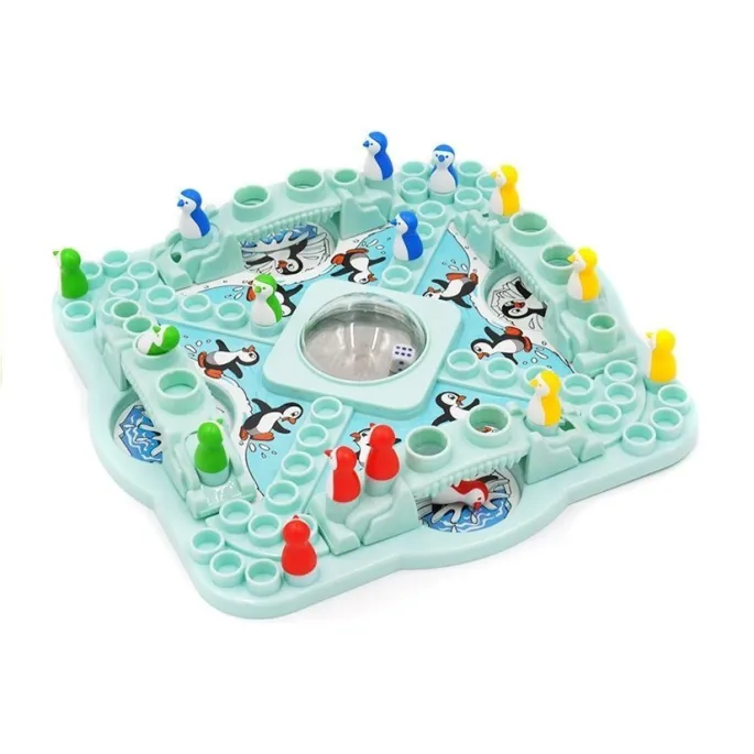 Barwne pingwiny i plansza z mostami zwodzonymi do gry Chińczyk Pingwiny