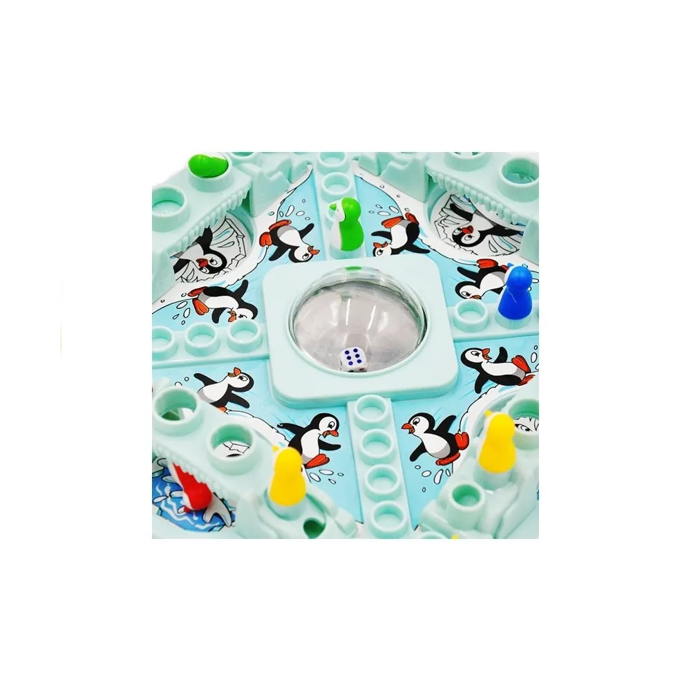 Elementy zestawu gry Chińczyk Pingwiny – plansza, pionki, mosty lodowe