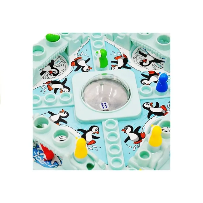 Elementy zestawu gry Chińczyk Pingwiny – plansza, pionki, mosty lodowe