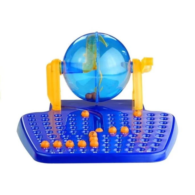 Pudełko gry Bingo Lotto z widoczną maszyną losującą i elementami