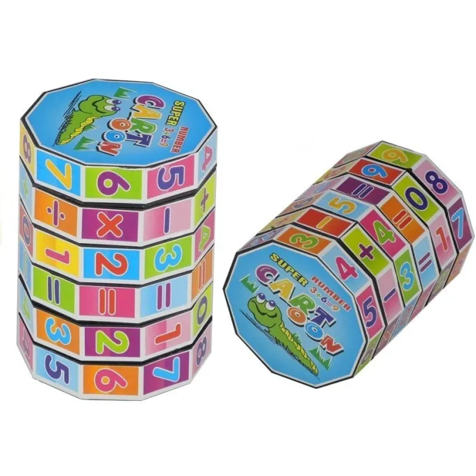 Kolorowa zabawka logiczna matematyczna w formie walca z cyframi i znakami
