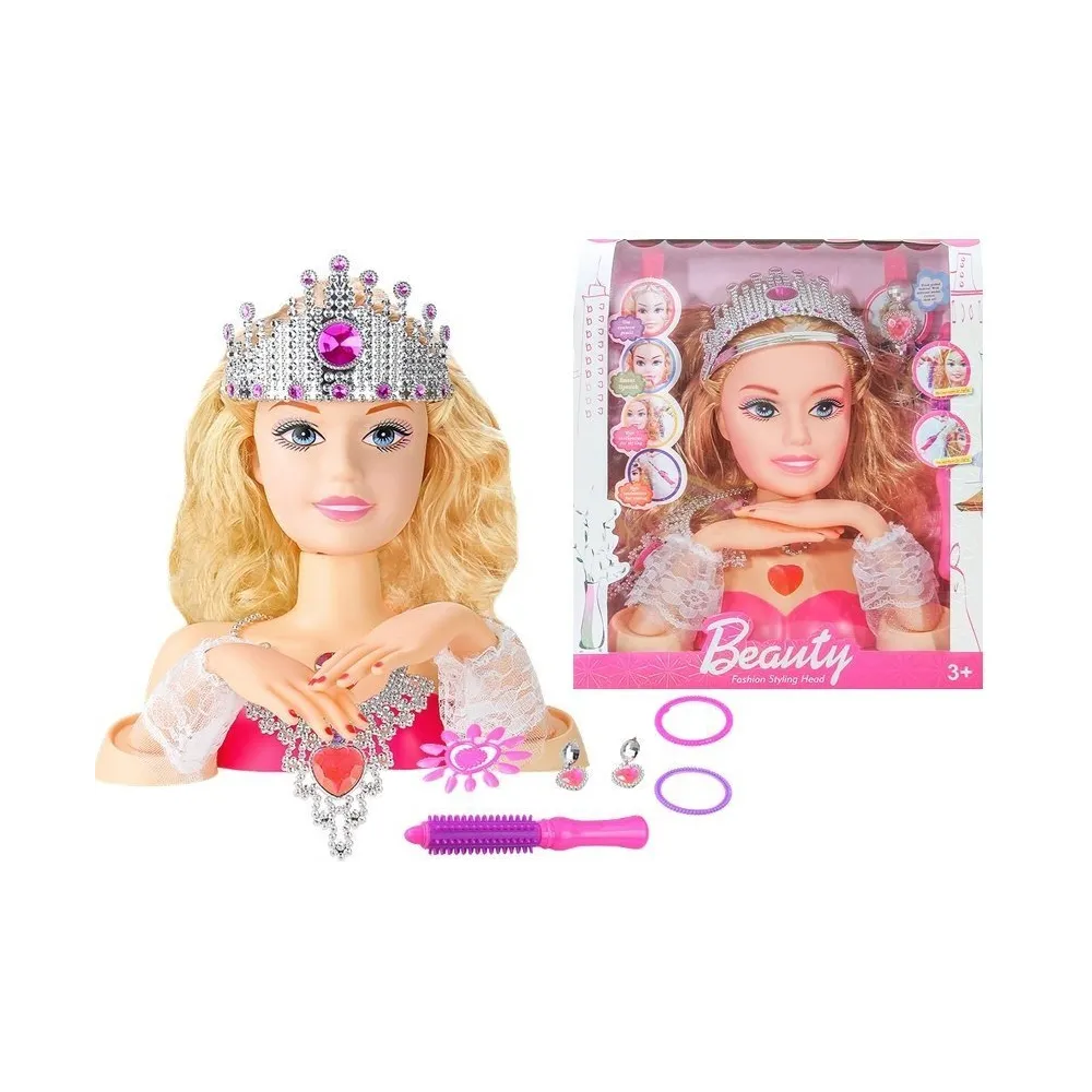 Głowa lalki do stylizacji z koroną i akcesoriami do włosów i paznokci