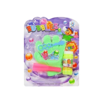 Zielona i żółta rękawica prezentowana przy pojemniku z płynem do baniek