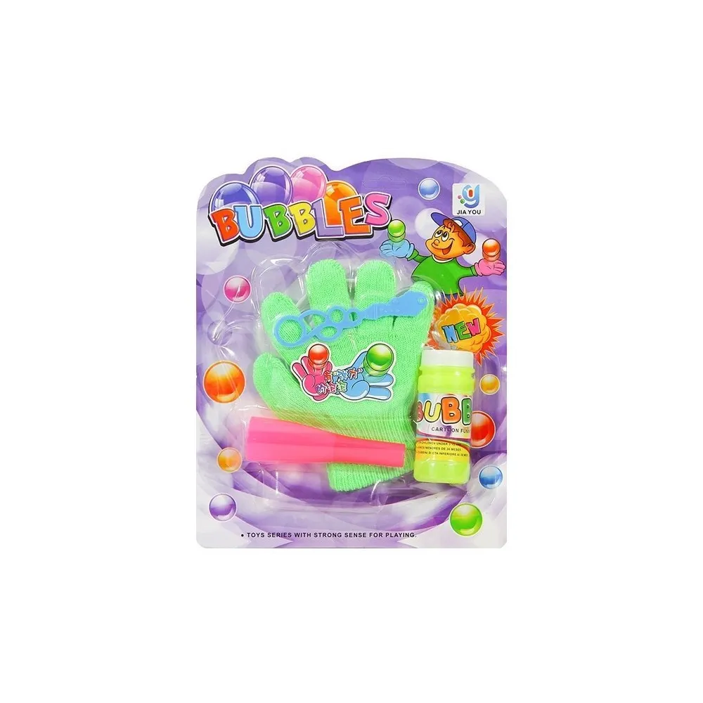 Zielona i żółta rękawica prezentowana przy pojemniku z płynem do baniek