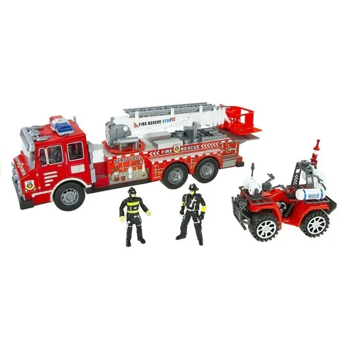 Zestaw akcesoriów strażackich: gaśnica, piła, toporek