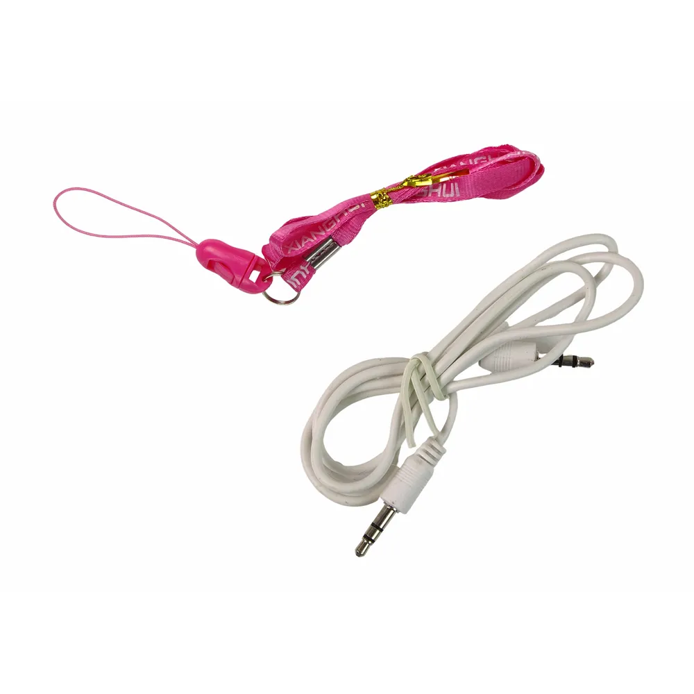 Różowo-fioletowy mikrofon karaoke z kabelkiem do MP3 i smyczą