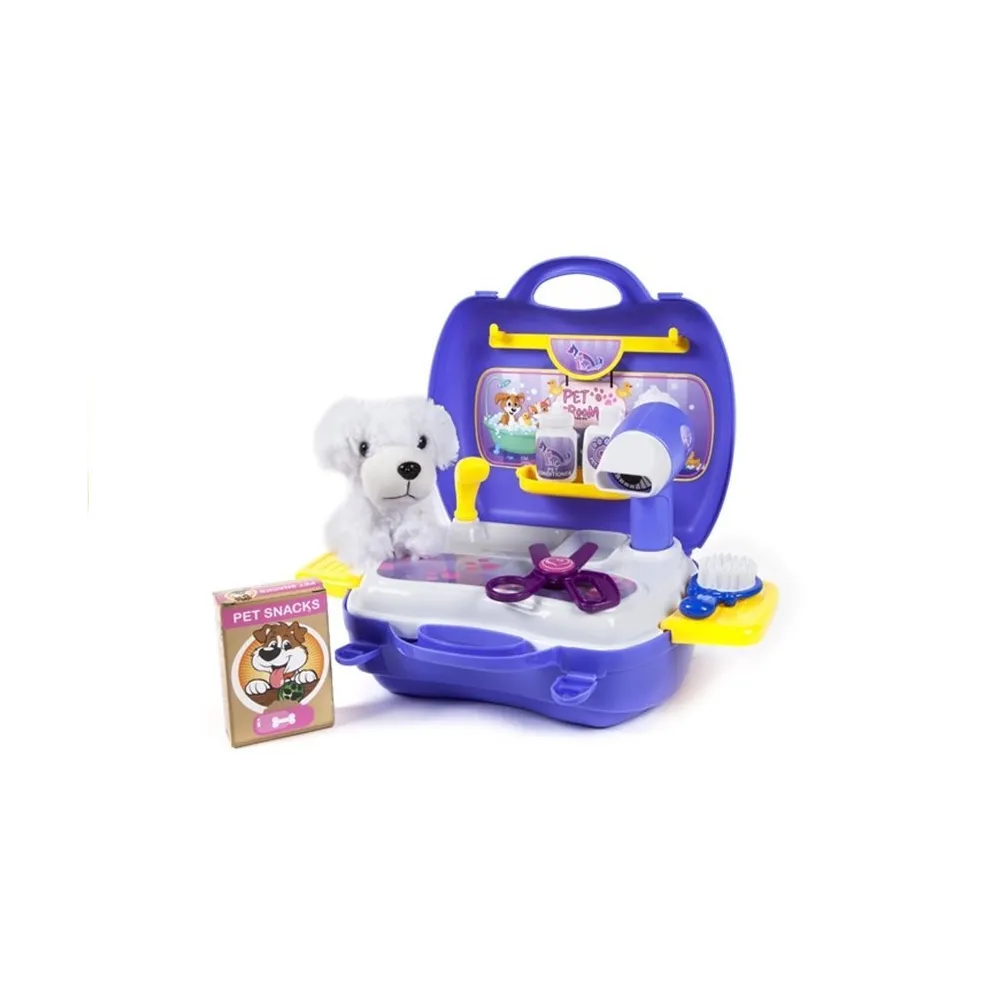 Urocza figurka psa oraz akcesoria fryzjerskie w walizce