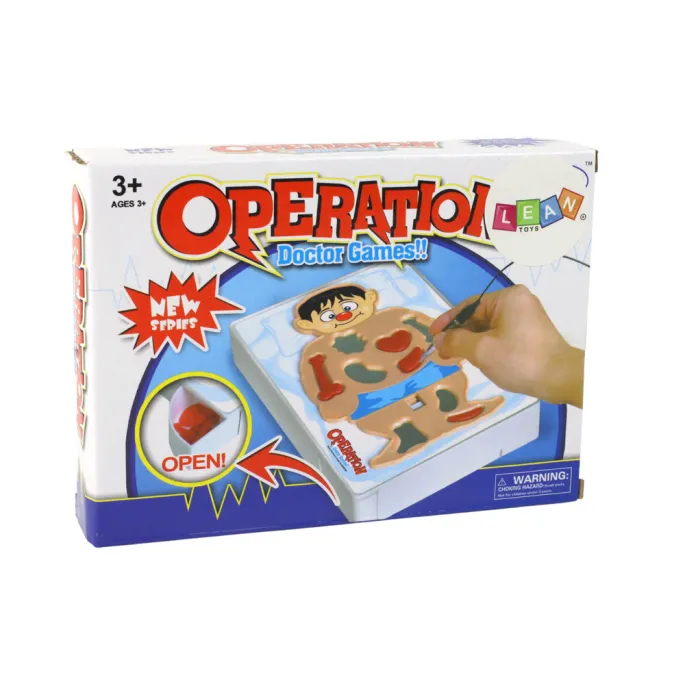Kolorowe elementy gry Operacja Mały Doktor Pacjent na jasnym tle