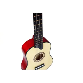 Zbliżenie na lakierowaną gitarę drewnianą z kostką do gry