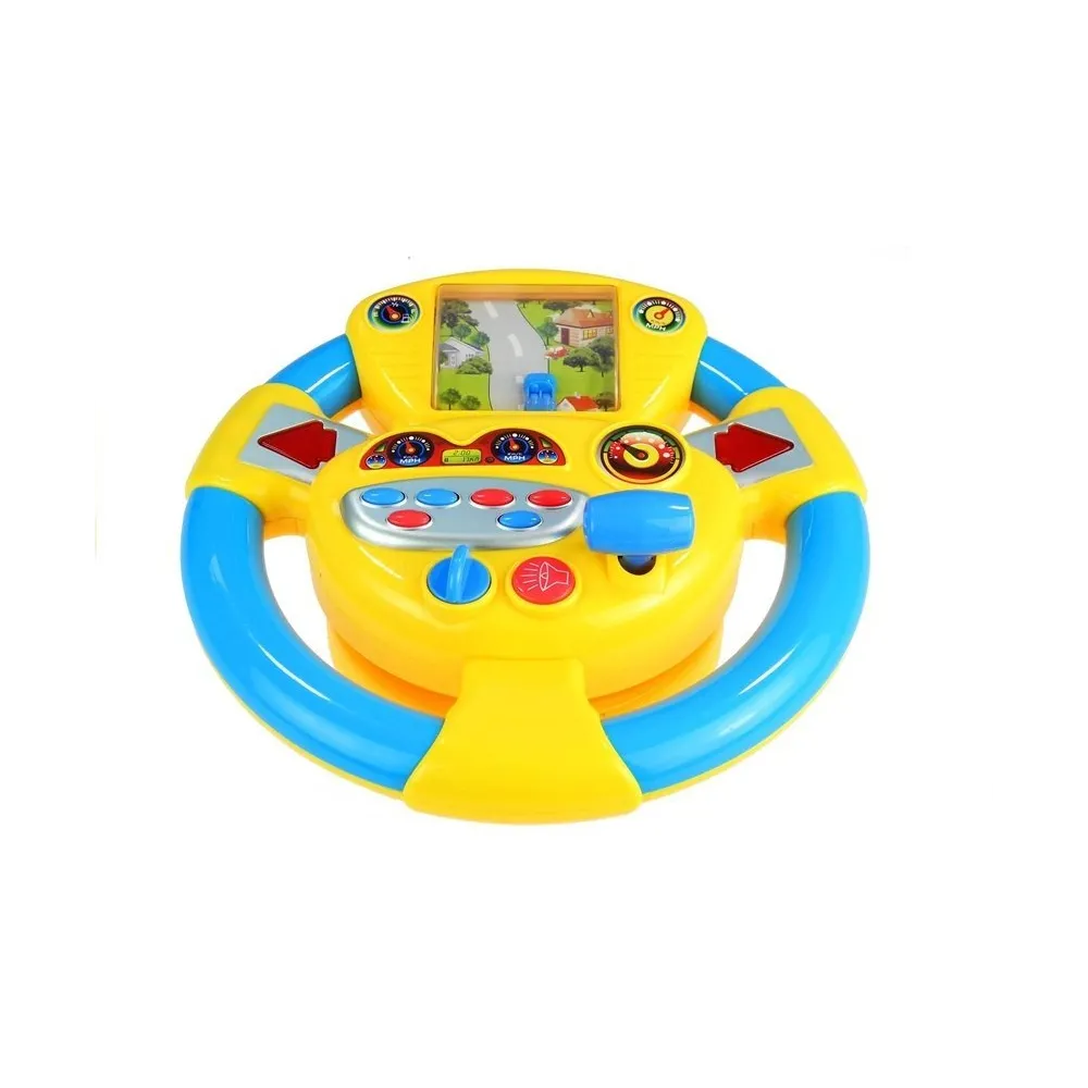 Zbliżenie na panel z przyciskami i ekranik w dziecięcej kierownicy interaktywnej