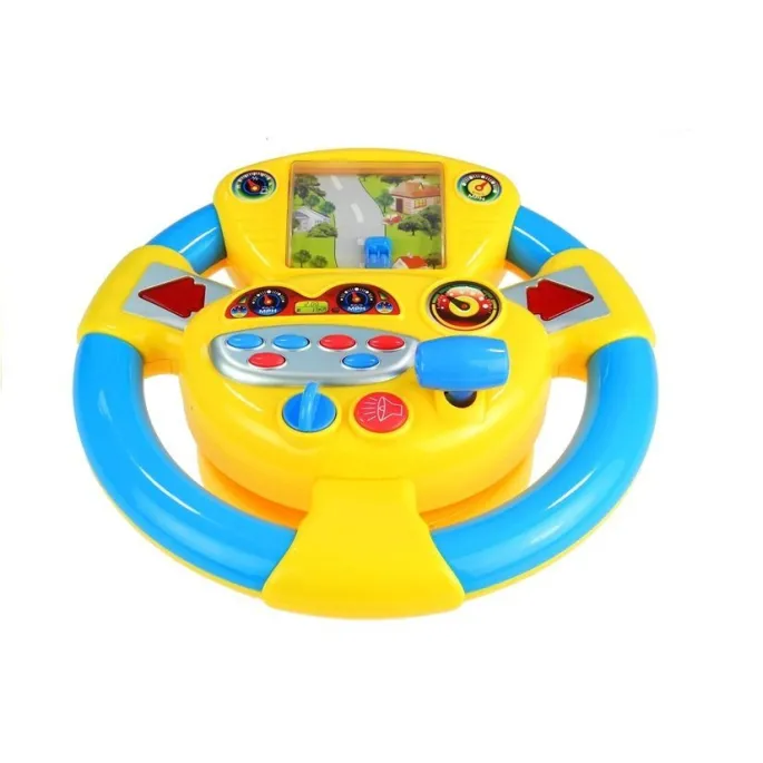 Zbliżenie na panel z przyciskami i ekranik w dziecięcej kierownicy interaktywnej