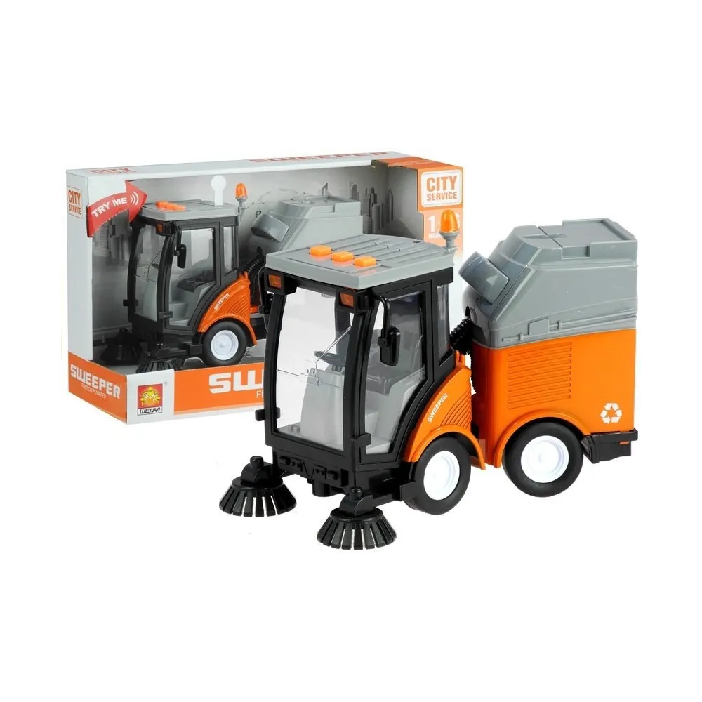 pomarańczowa zamiatarka uliczna zabawkowa z otwieranym pojemnikiem na śmieci