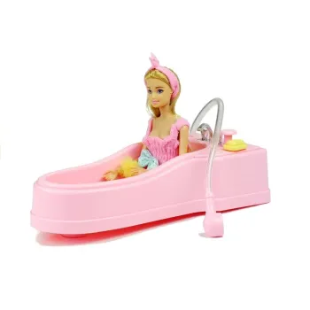 Elementy zestawu: wanna, toaleta, szafka i mydelniczka dla lalek