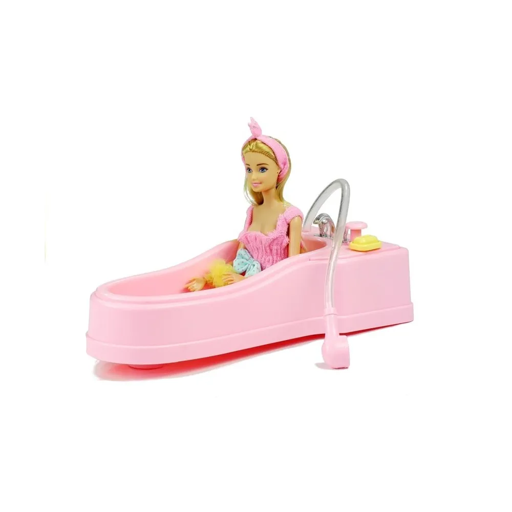 Elementy zestawu: wanna, toaleta, szafka i mydelniczka dla lalek