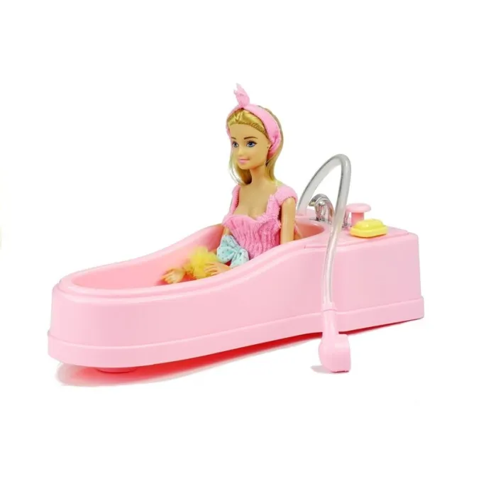 Elementy zestawu: wanna, toaleta, szafka i mydelniczka dla lalek