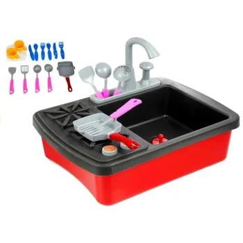 Zabawkowy kran z wodą i praktycznymi przyborami kuchennymi w zestawie